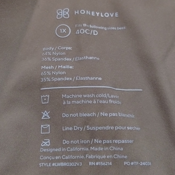 Honeylove CrossOver Black Tan Unlined Padded Mesh Trim Bra Size 1X 40C / D - Picture 5 of 5